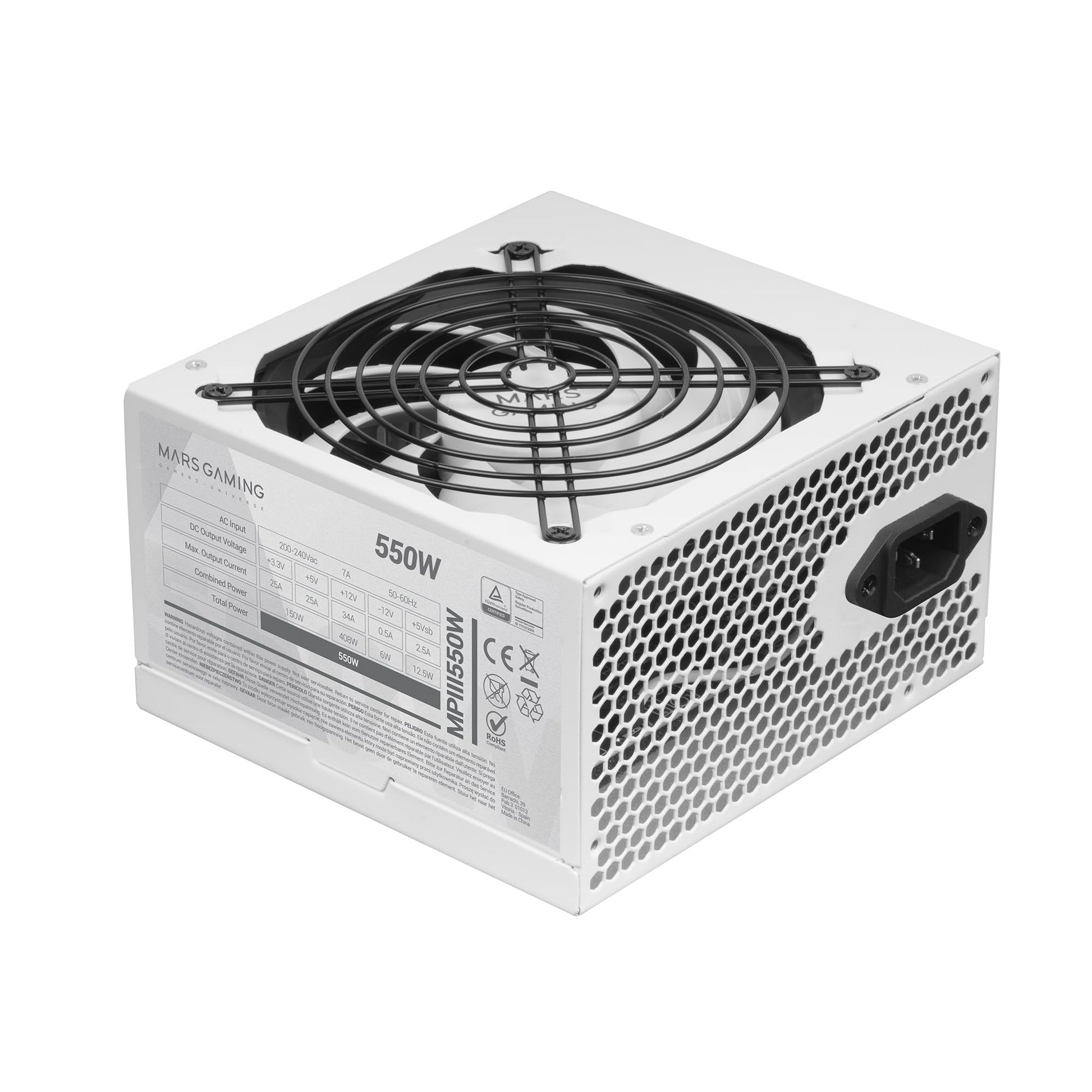 MARSGAMING MPIII550 - 550W ATX power supply, 85% efficiency, Silent AI-RPM technology, 5-year warranty, white design