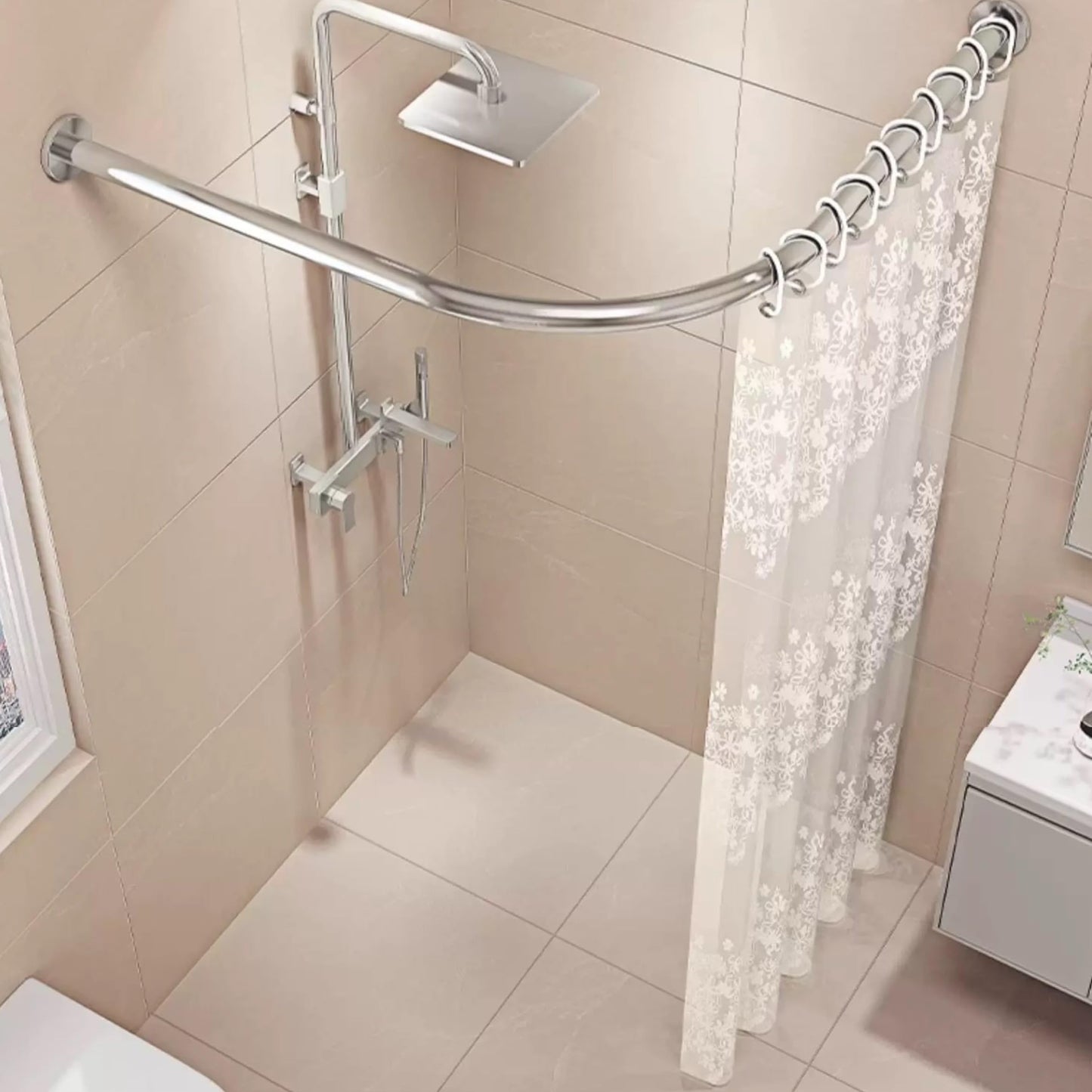 Dušas aizkaru stanga bez urbšanas, L formas, regulējama nerūsējošā tērauda stanga, 75-95 x 75-95 cm, vannasistabai un ģērbtuvei