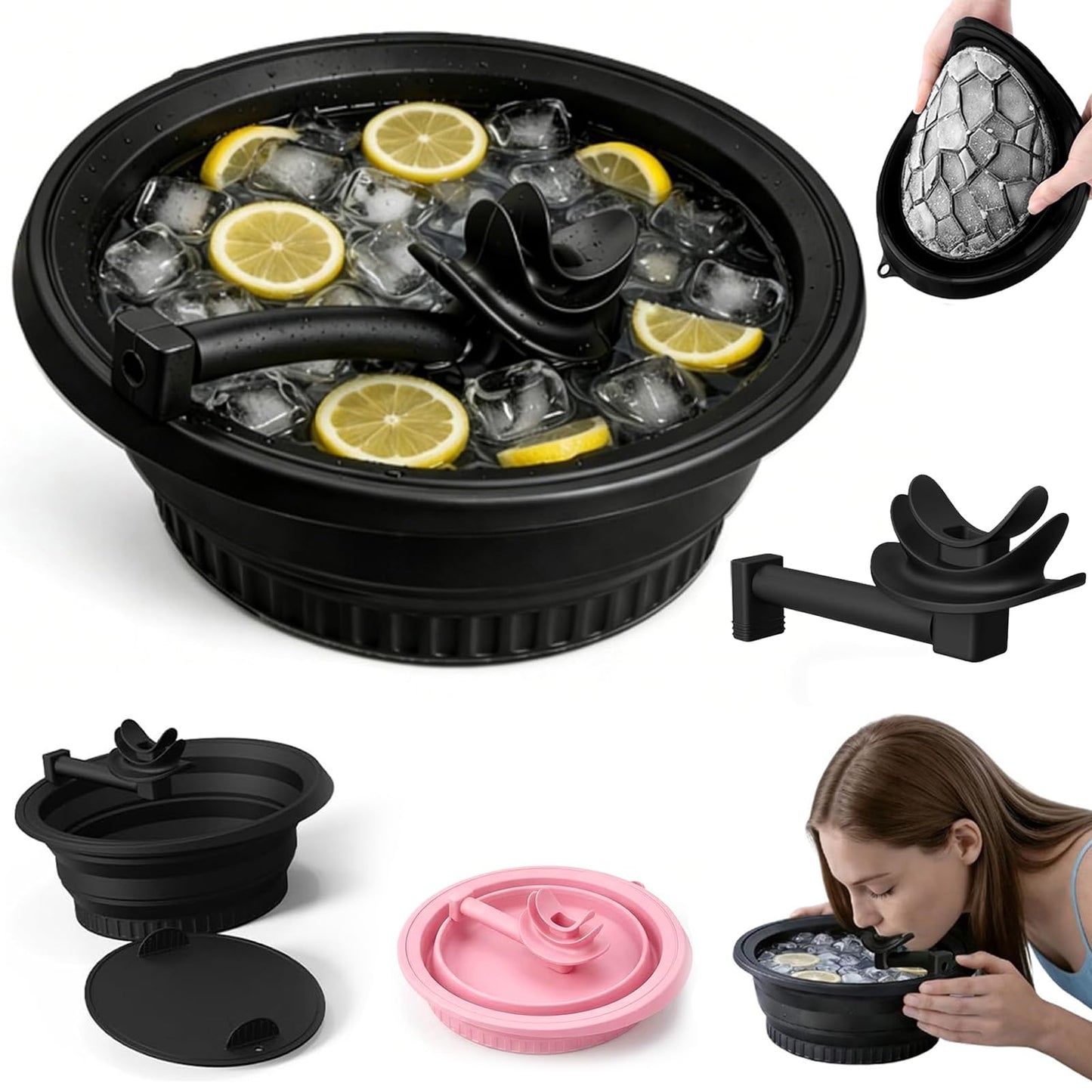 Sejas bļoda ledus vannai 2026 Upgraded Face Bowl for Ice, 2-in-1 ar ledus kubiņu trauku un snorkeli, salokāma silikona sejas bļoda ledus vannām, melna