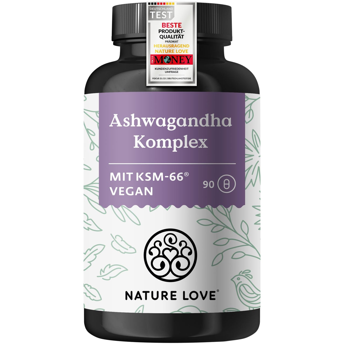 Ašvagandas komplekss NATURE LOVE® – 600mg dienas devā, 90 kapsulas, ar KSM-66, magniju, folskābi, C un B6 vitamīnu, augsta koncentrācija, vegānisks