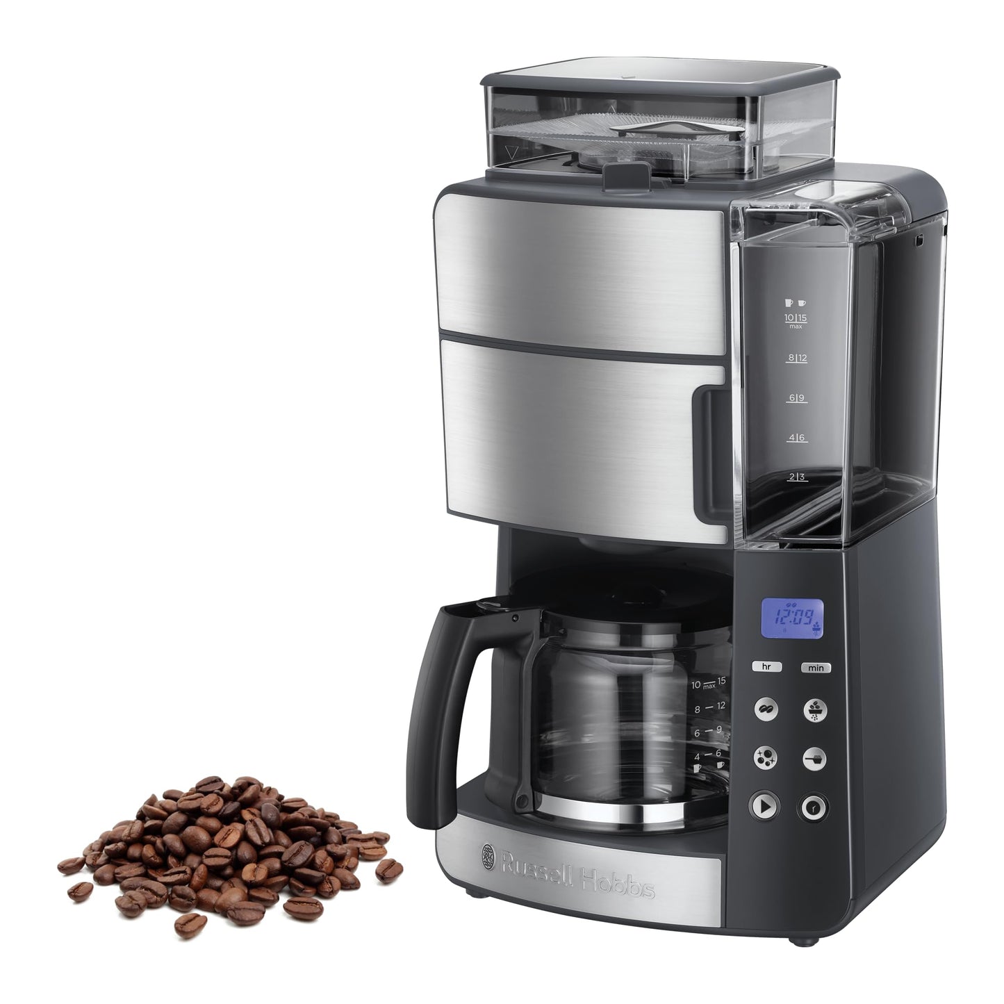 Russell Hobbs kafijas automāts ar dzirnaviņām stikla kanna [Digitālais taimeris, strūklas galva optimālai ekstrakcijai un aromātam] Grind&Brew (maks. 10 tasēm, 3 pakāpju dzirnaviņu iestatījums) filtra kafijas automāts 25610-56