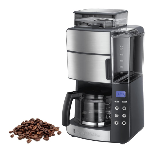 Russell Hobbs kafijas automāts ar dzirnaviņām stikla kanna [Digitālais taimeris, strūklas galva optimālai ekstrakcijai un aromātam] Grind&Brew (maks. 10 tasēm, 3 pakāpju dzirnaviņu iestatījums) filtra kafijas automāts 25610-56