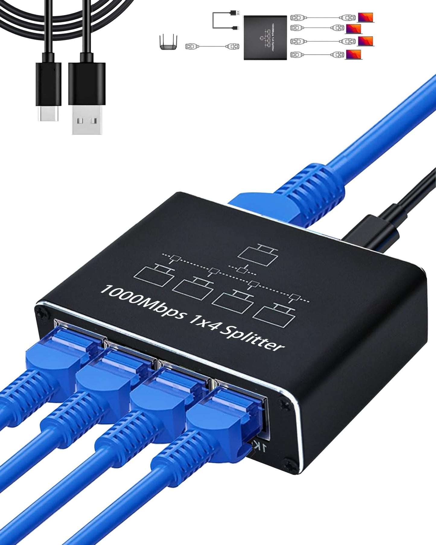 Tīkla slēdzis 1 uz 4, 4 portu Gigabit Ethernet slēdzis, 1000 Mbps, USB C barošana, Plug and Play
