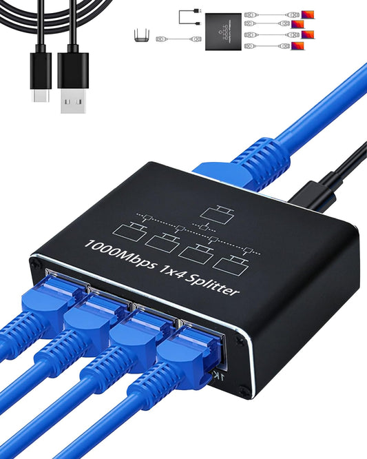 Tīkla slēdzis 1 uz 4, 4 portu Gigabit Ethernet slēdzis, 1000 Mbps, USB C barošana, Plug and Play