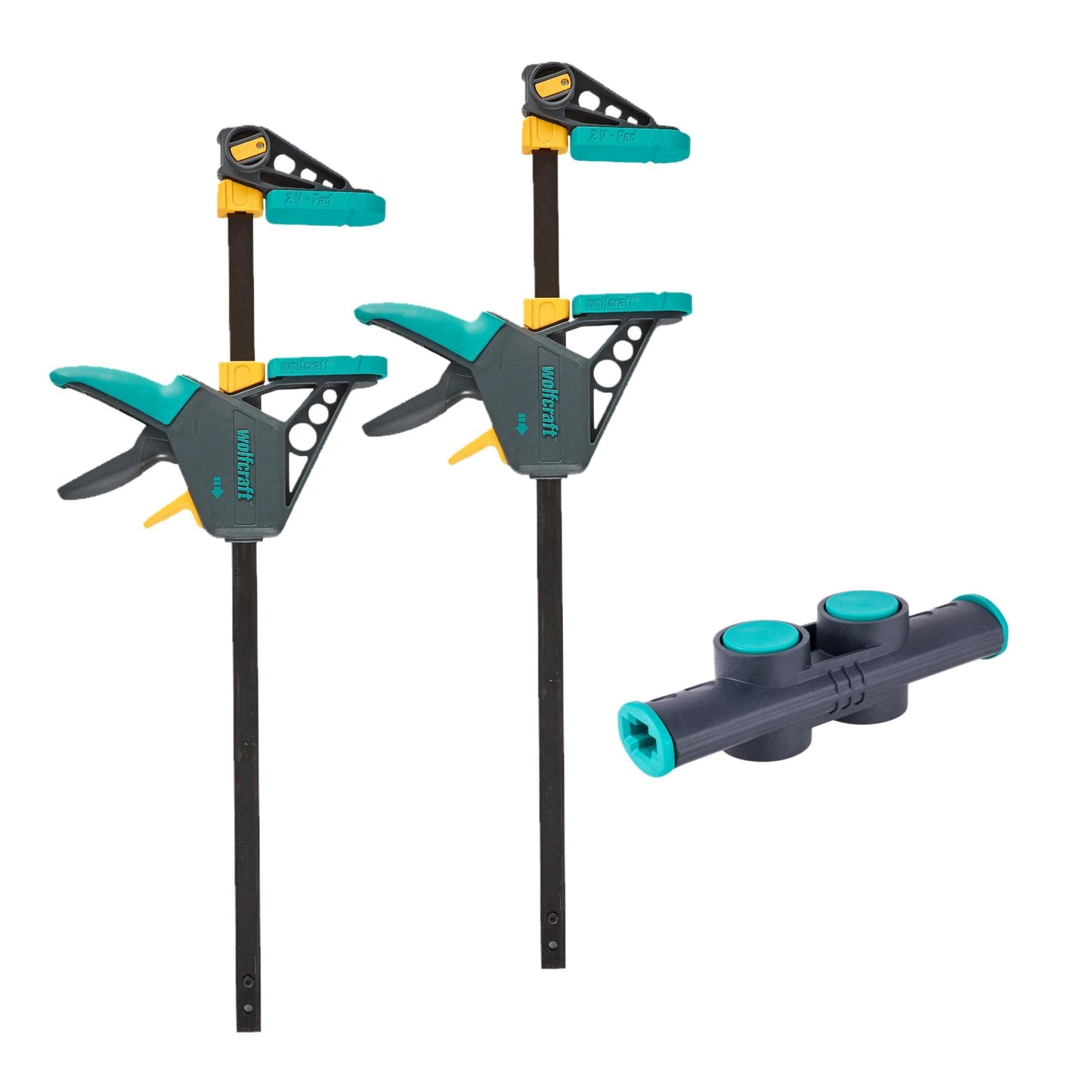 wolfcraft XL vienas rokas spīļu komplekts – 2 PRO L spīles ar Connector adapteri