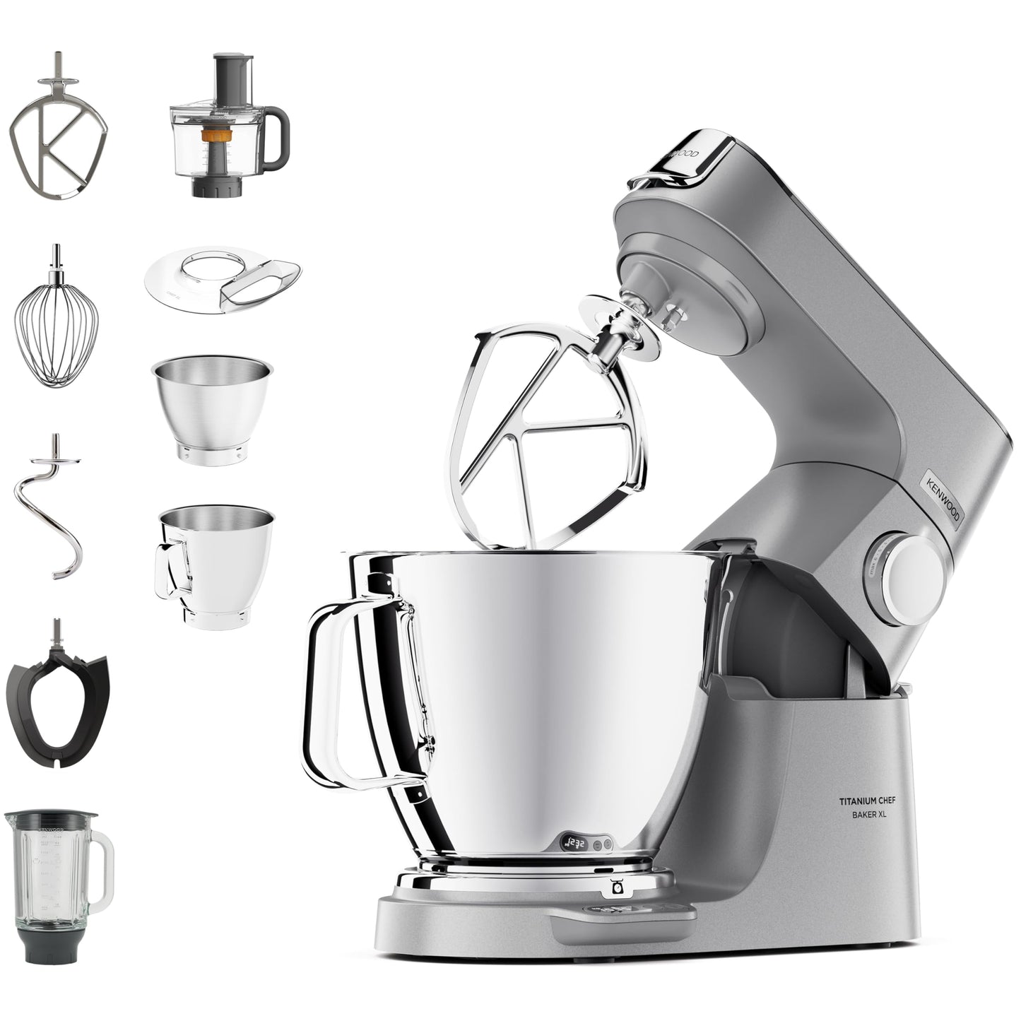 Kenwood Titanium Chef Baker KVL85.424SI virtuves kombains ar integrētu svaru, ieskaitot 4 daļu konditorejas komplektu, 7 L un 5 L maisīšanas trauku, pakāpenisku ātruma regulatoru, 1200 W, sudraba krāsā.