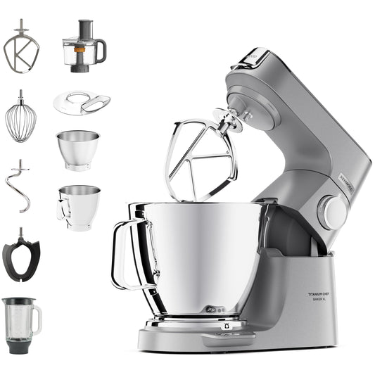 Kenwood Titanium Chef Baker KVL85.424SI virtuves kombains ar integrētu svaru, ieskaitot 4 daļu konditorejas komplektu, 7 L un 5 L maisīšanas trauku, pakāpenisku ātruma regulatoru, 1200 W, sudraba krāsā.