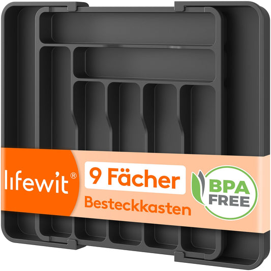 Galda piederumu kaste Lifewit atvilktnei, regulējams ieliktnis, dziļums 35 cm, 7-9 nodalījumi, plastmasas virtuves organizators, izvelkams līdz 48 cm, karotēm, dakšiņām un traukiem, melns