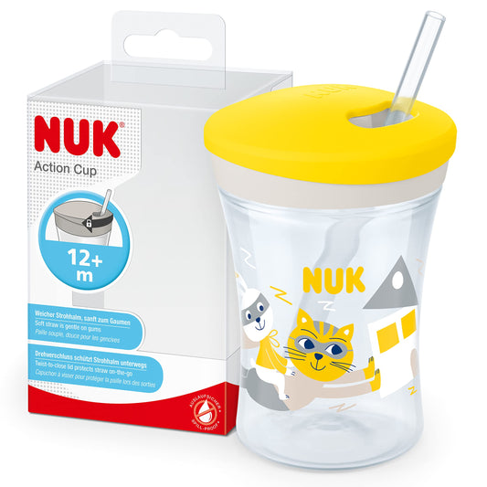 Bērnu dzeramkrūze NUK Action Cup ar salmiņu, 12+ mēn., 230 ml, pagriežams vāciņš, mīksts salmiņš, pretizlīšanas, BPA nesatur, dzeltena kaķene