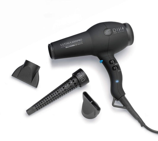 Diva Professional Styling Ultima 5000 melns gumijots matu fēns ar nūju
