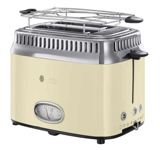Russell Hobbs tosteris [2 šķēlēm] retro nerūsējošā tērauda krēmkrāsā (atpakaļskaitīšanas displejs retro dizainā, ieskaitot maizīšu uzgaļu, 6 brūnināšanas līmeņi + atkausēšanas un uzsildīšanas funkcija, 1300W) vintage 21682-56