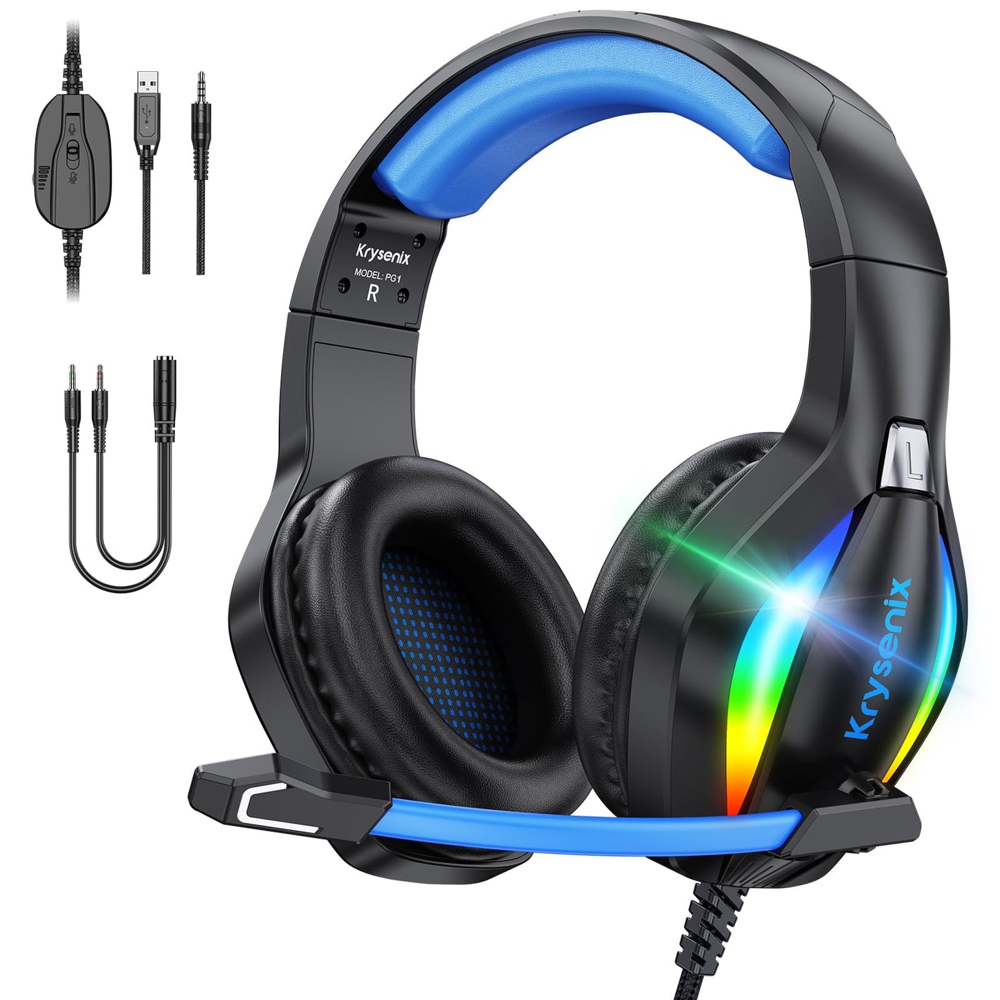 Spēļu austiņas Krysenix PG1 RGB ar mikrofonu PS4, PS5, PC, Xbox un Switch, melnas/zilas