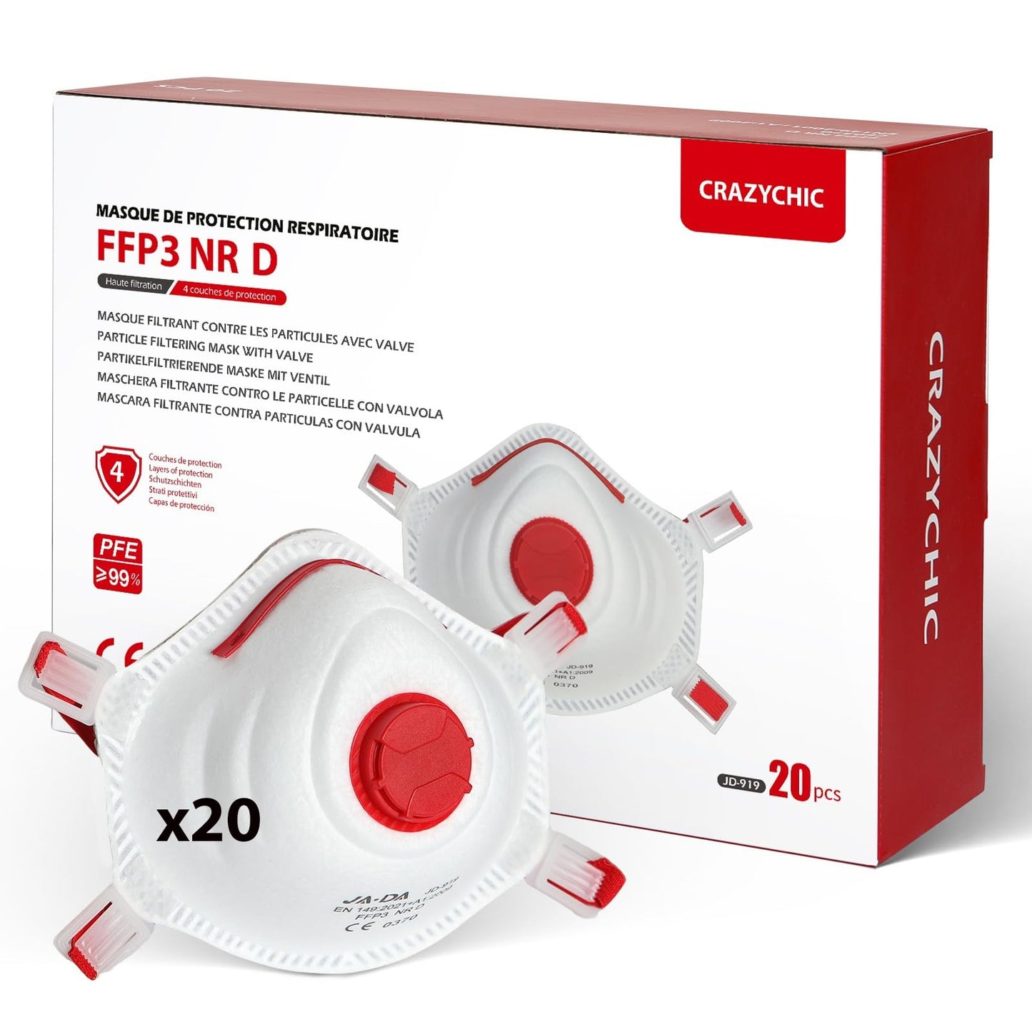 CRAZYCHIC - 20x FFP3 NR D respirators ar vārstu - CE sertificēta EN149 putekļu maska