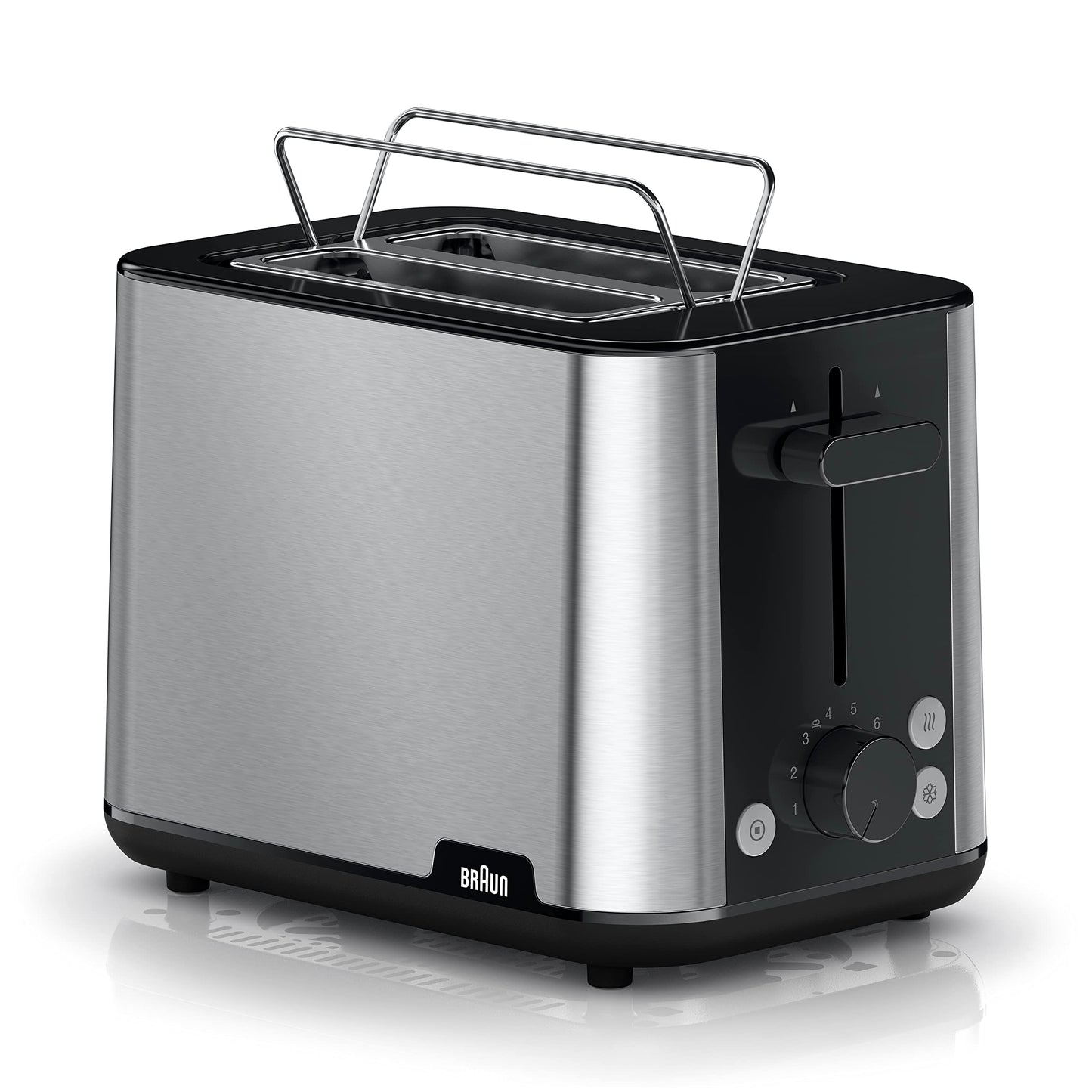 Braun PurShine tosteris HT1510 BK – divslīpju tosteris, 8 grauzdēšanas pakāpes, sildīšanas un atkausēšanas funkcija, izvelkama drupaču kaste, 900 vati, melns