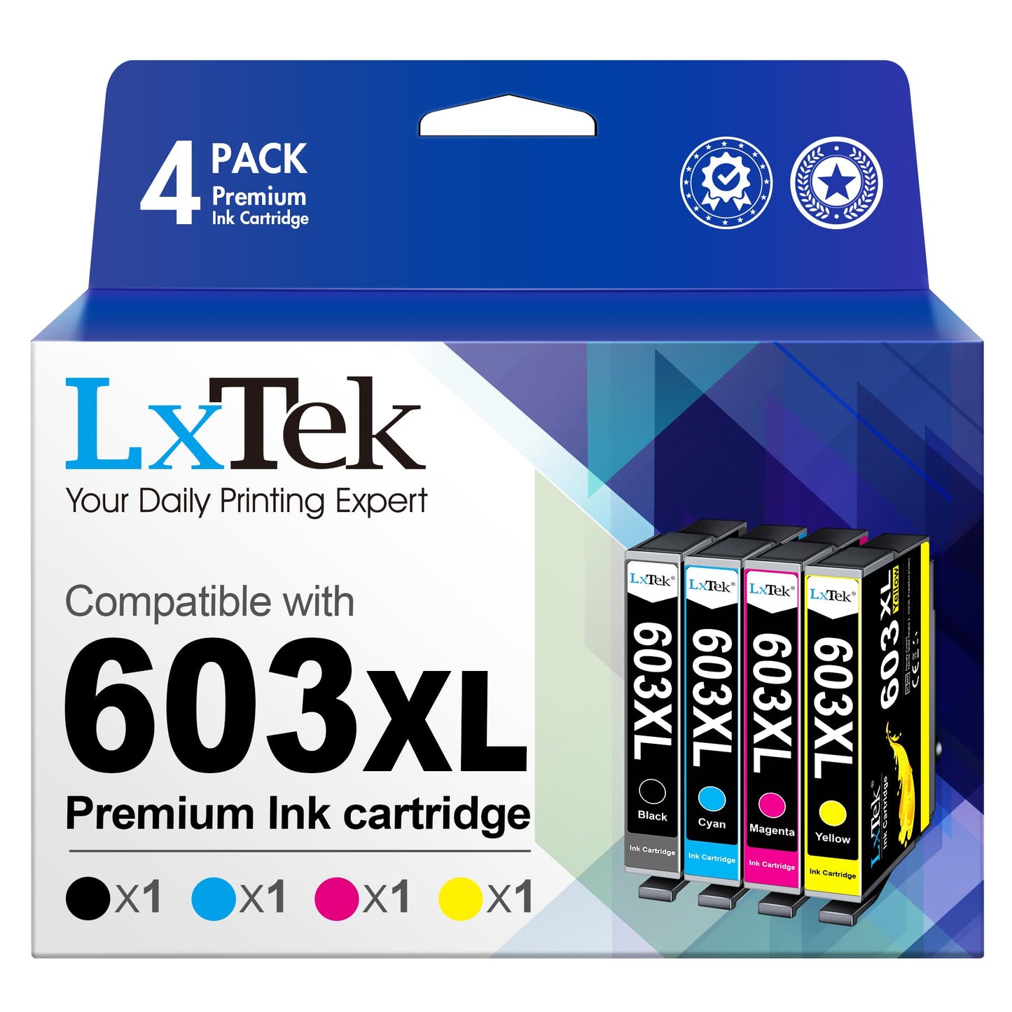 LxTek 603 XL Multipakete - saderīgs ar Epson 603XL, 4 kasetņu komplekts, piemērots XP un WF sērijas printeriem.