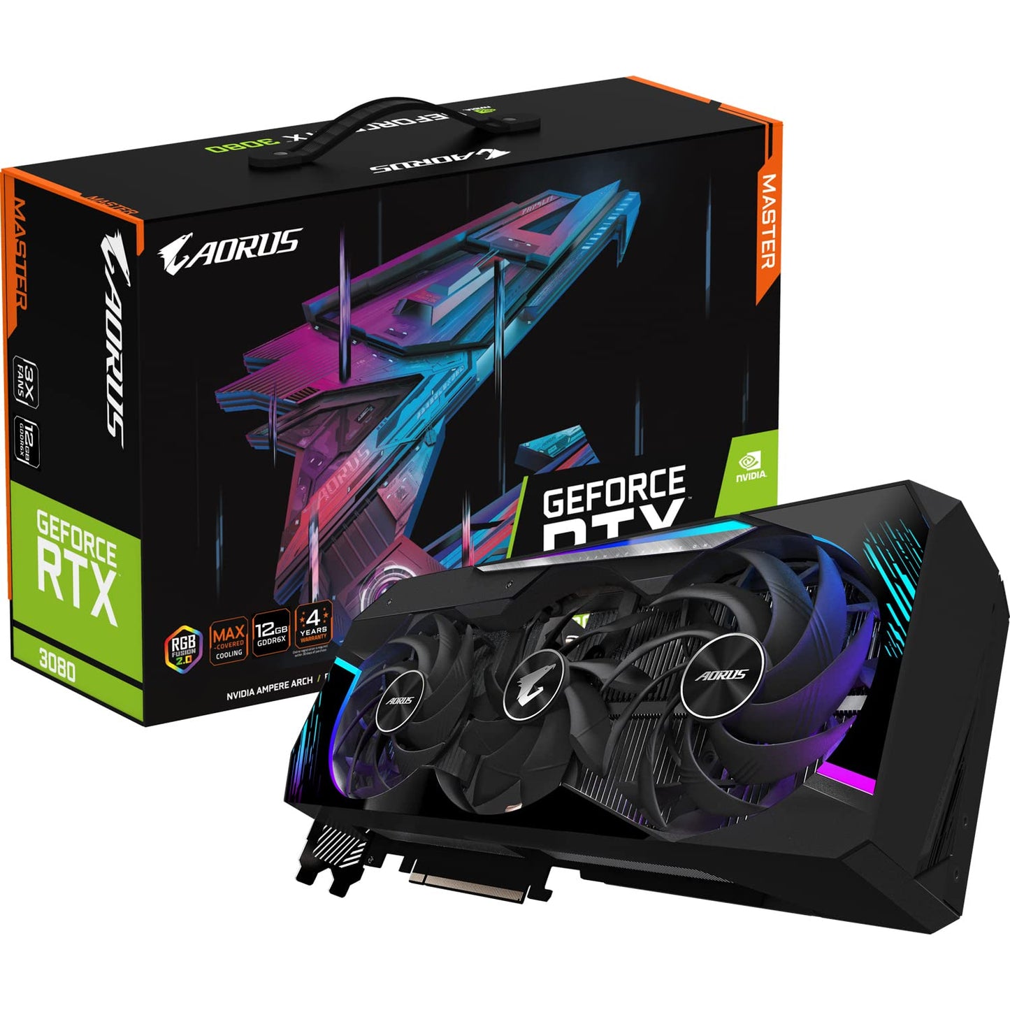 Gigabyte AORUS GeForce RTX 3080 Master 12GB - High-performance graphics card, advanced cooling, sleek black design.