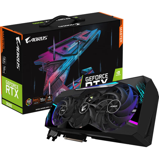 Gigabyte AORUS GeForce RTX 3080 Master 12GB - High-performance graphics card, advanced cooling, sleek black design.