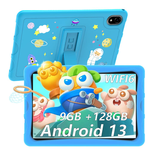 DOOGEE U10 Kid bērnu planšetdators 10,1 collas IPS HD, skārienjūtīgs planšetdators Quad Core Android 13, ar WiFi6, 9 GB + 128 GB/TF 1 TB, GMS, pārtikas kvalitātes silikona materiāls, Widevine L1 (zils)
