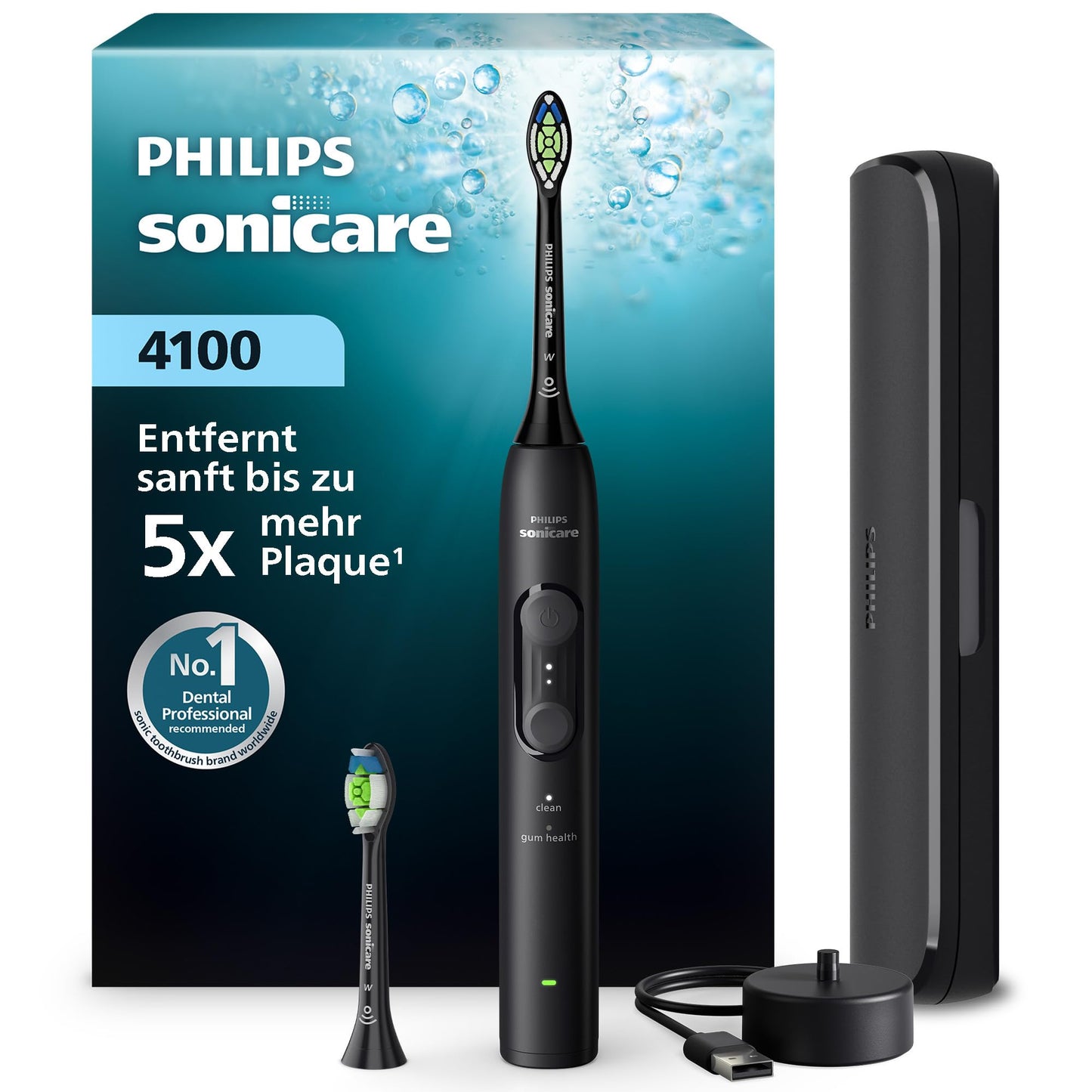 Elektriskā zobu birste Philips Sonicare Series 4100, skaņas zobu birste ar spiediena sensoru, 4 tīrīšanas režīmi, EasyStart, SmarTimer, 21 dienas darbība, ceļojumu futrālis, melna, HX4044/52, [Neu]