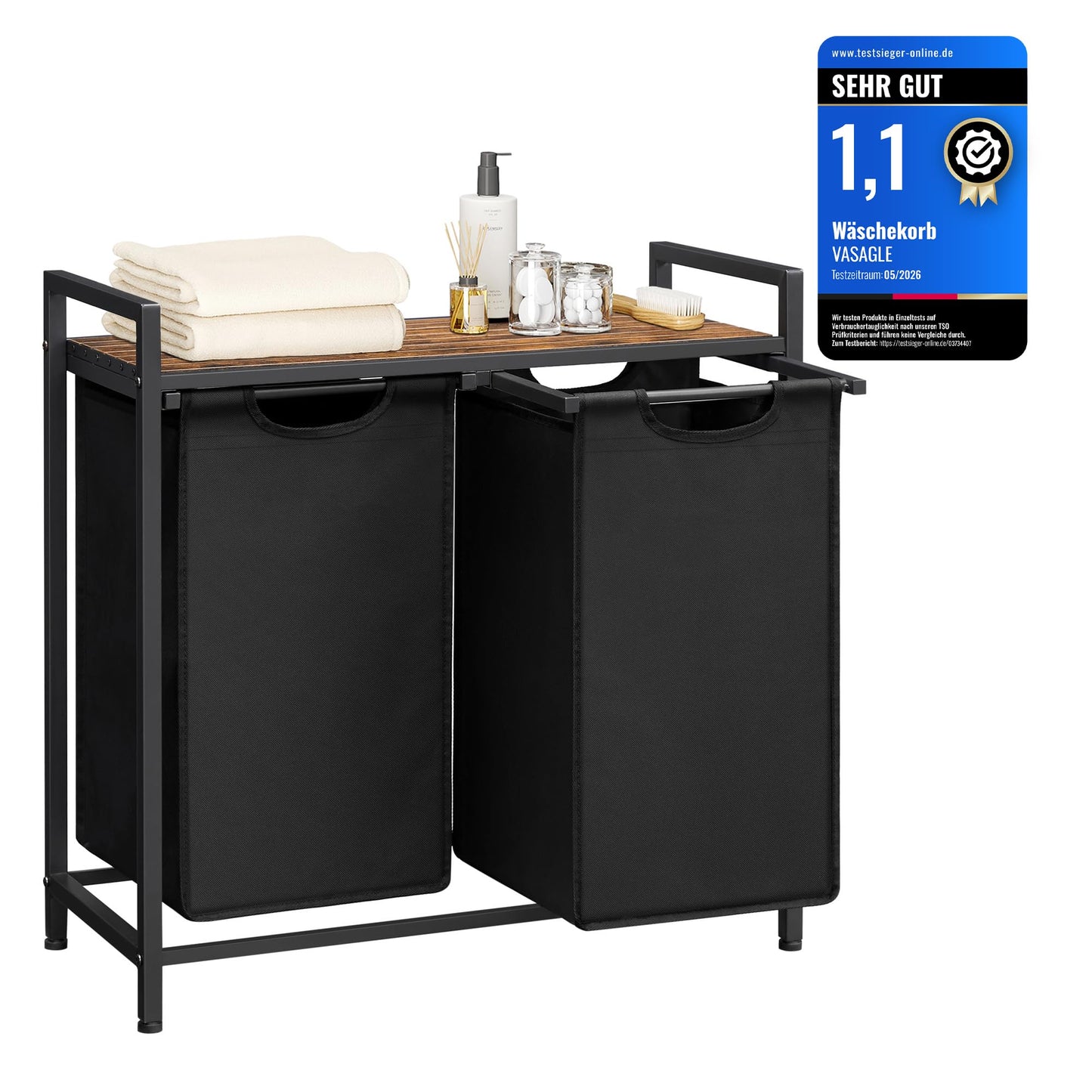 Veļas grozs VASAGLE ar 2 nodalījumiem, plaukts, metāla rāmis, 2 x 46 L