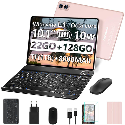 fezawio Android-planšetdators 14,22 GB RAM + 128 GB ROM (512 GB paplašināms), 8000 mAh, ar 5G WiFi, skārienekrāns ar Widevine L1 | 8 kodoli | 2-in-1 planšetdators 10 collas ar tastatūru, jaunākais PC-planšetdators – zelta
