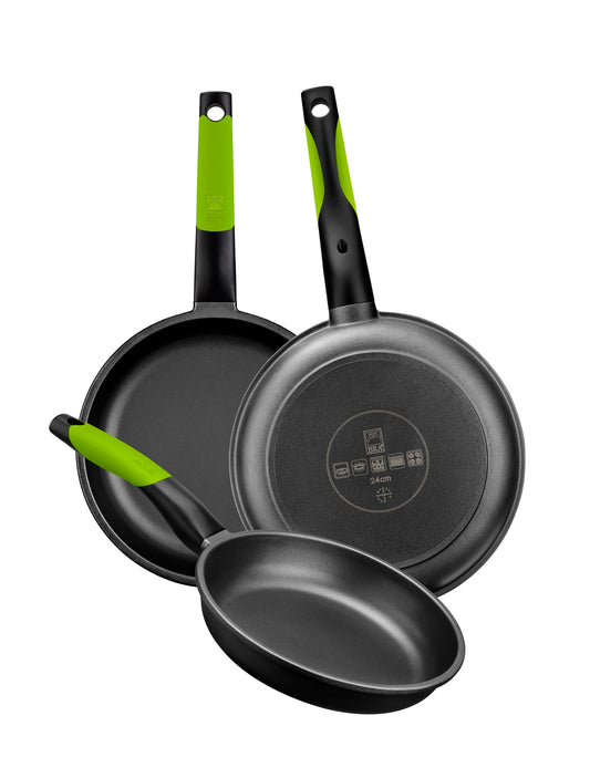 BRA Prior | 3-piece aluminum frying pan set 18-22-26 cm + 2 safe, black aluminum pans, 26 cm, durable and non-stick.