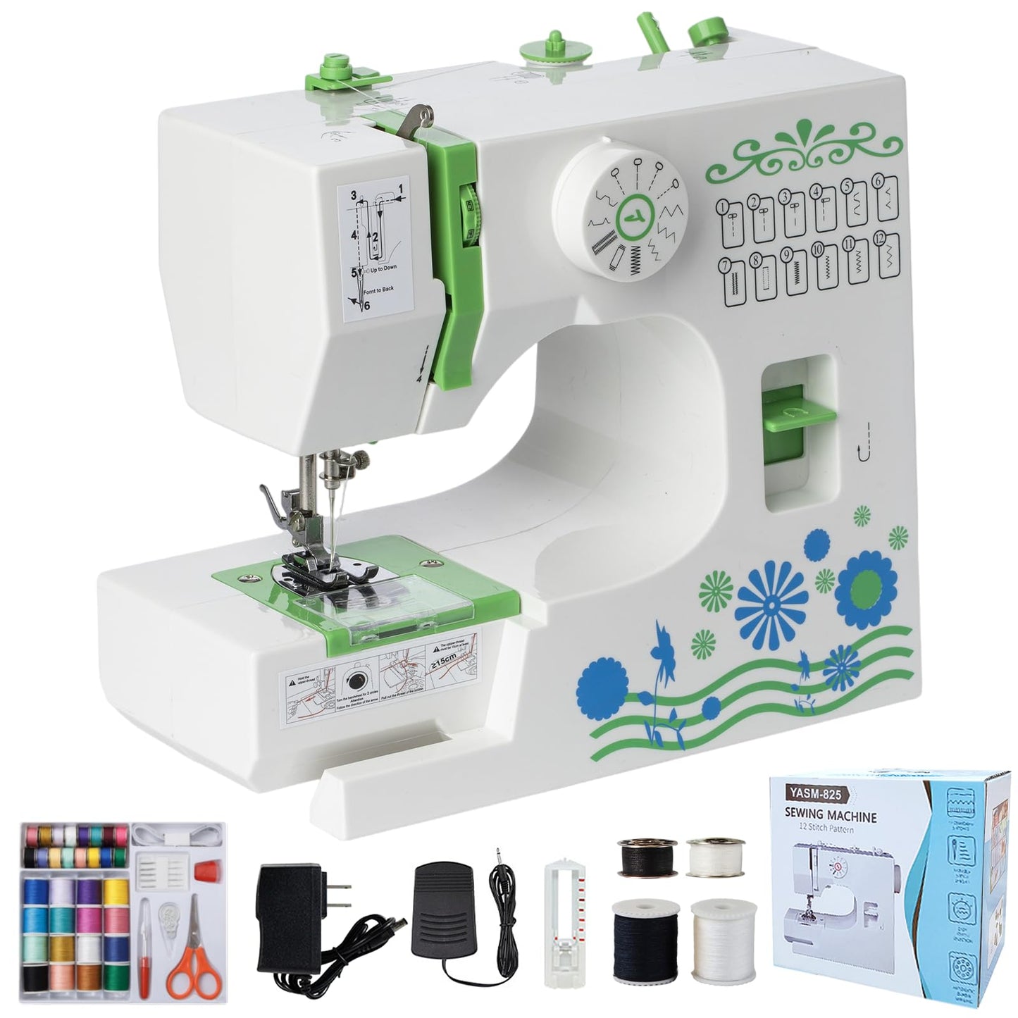 Šujmašīna iesācējiem un bērniem, 12 dūrienu raksti, overloka šujmašīna, pārnēsājama mini šujmašīna ar šūšanas piederumu komplektu, elektriska maza sadzīves šujmašīna DIY un apģērbiem, zaļa
