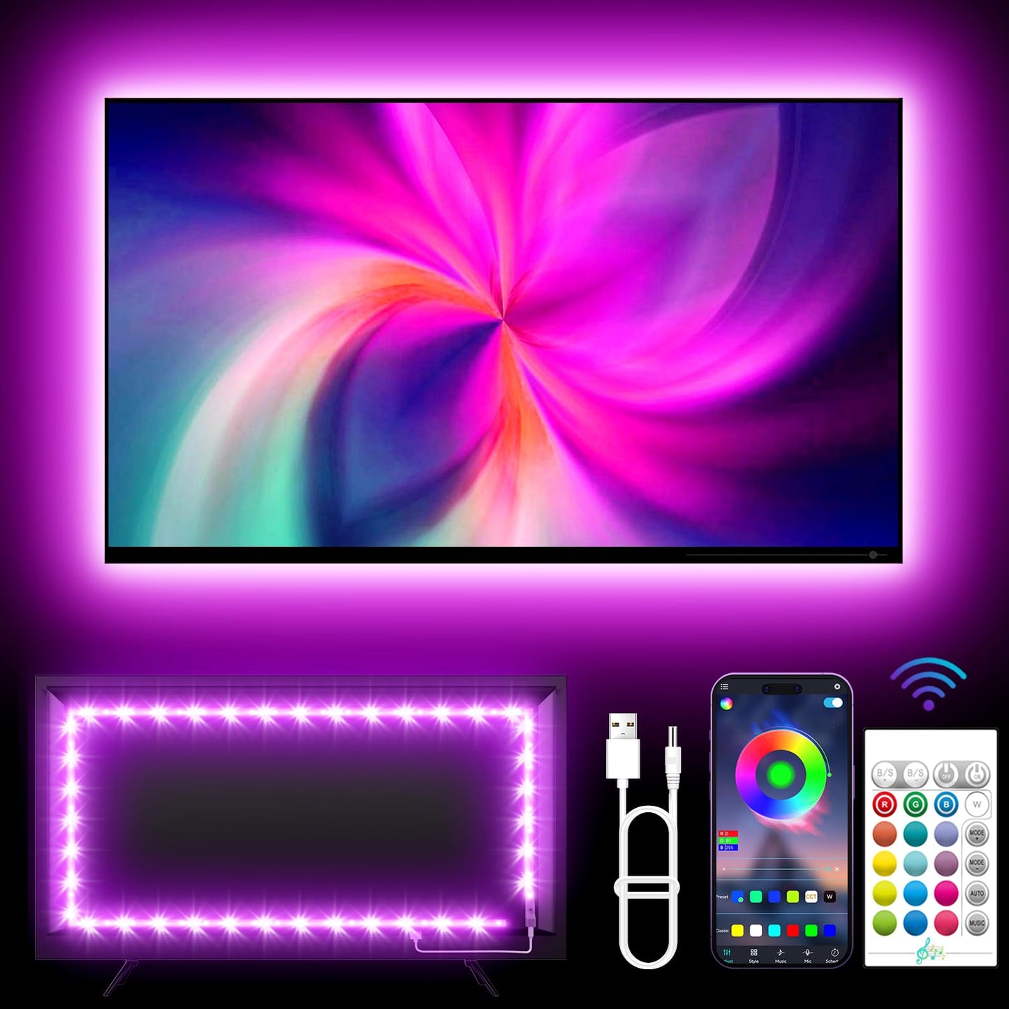 KANTUTOE LED TV fona apgaismojums, 4m LED lente 43–55 collu televizoriem, mūzikas sinhronizācijas krāsu maiņas TV gaismas ar lietotni un tālvadības pulti, ar USB barošanu, 4M for 43"-55" TV
