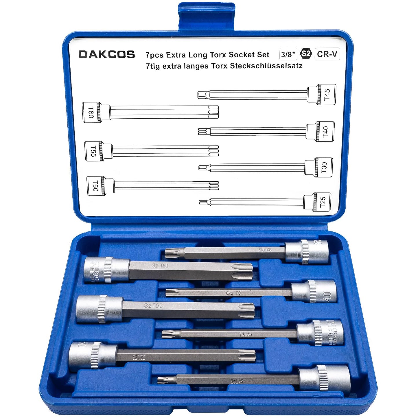 Torx uzgaļu galvu komplekts DAKCOS 7tlg, garie, 3/8", T25 T30 T40 T45 T50 T55 T60