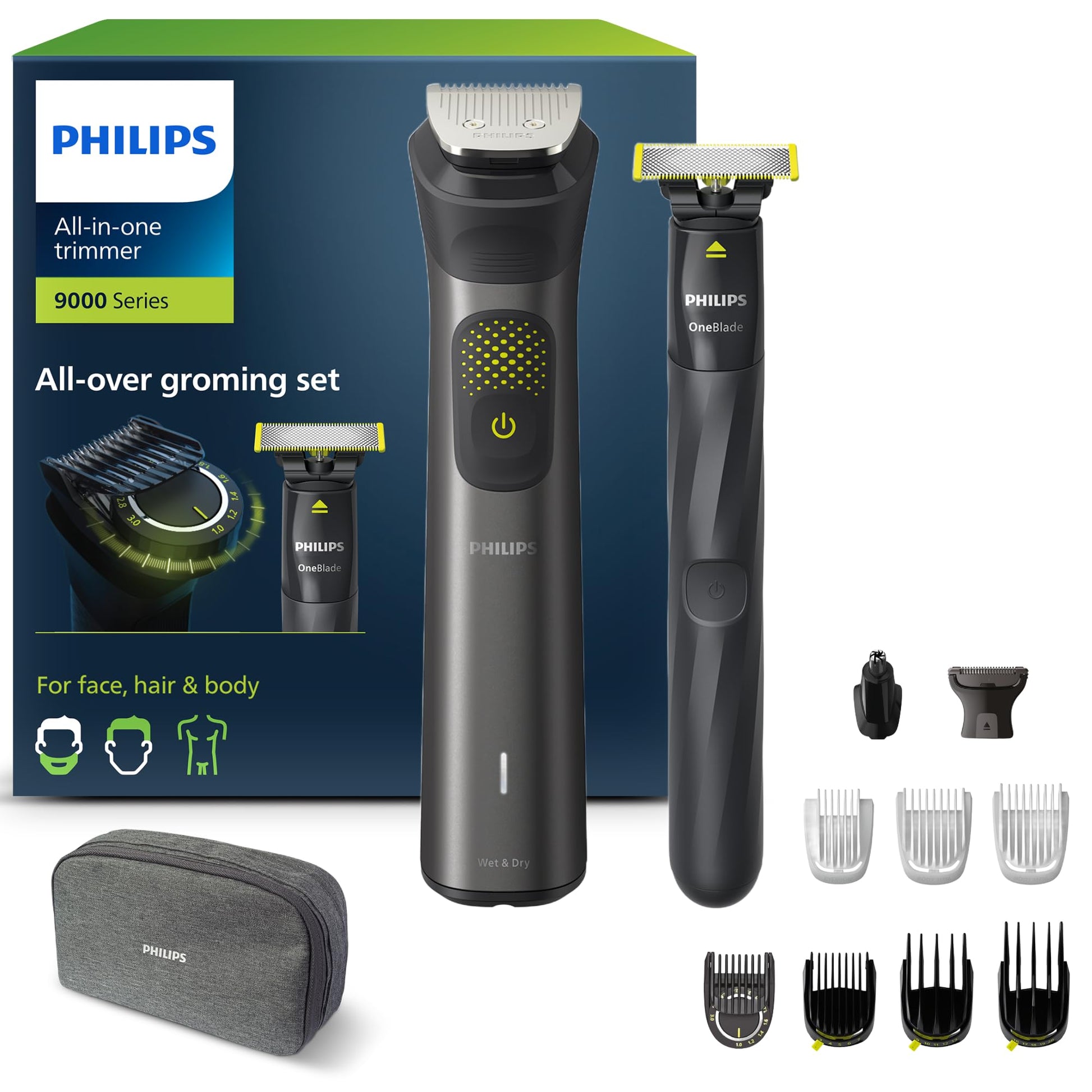 Philips Multigroom Series 9000, 13-in-One bārdu trimmeris un matu griezējs ar OneBlade, sejai, galvai un ķermenim, 27 garuma iestatījumi (0.2-20 mm), melns (modelis MG9530/15)