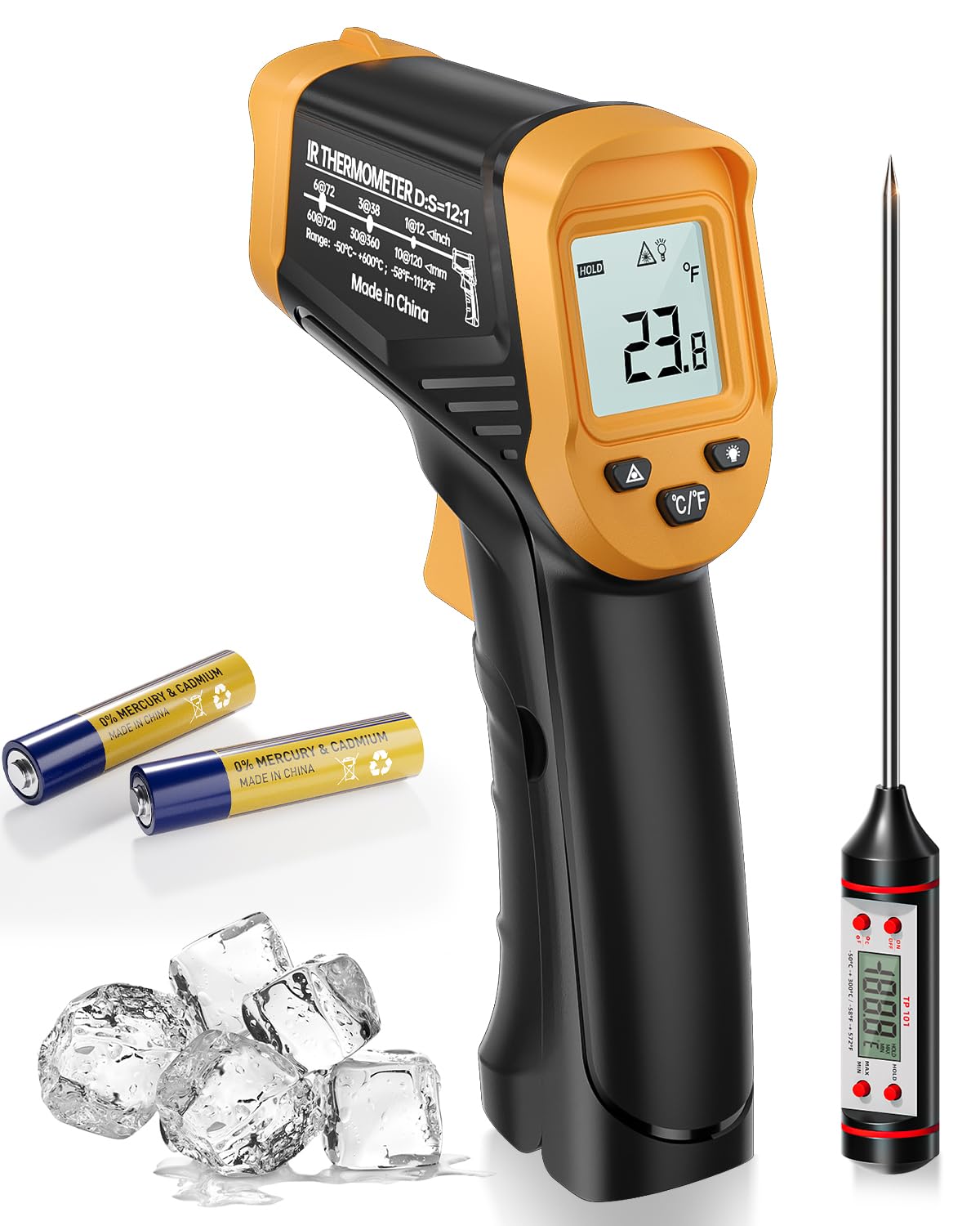 Infrasarkanais termometrs Eventek, -50°C līdz 600°C digitālais temperatūras mērītājs ar lāzeru, maksimālās un minimālās temperatūras funkciju un 304 gaļas termometru, virtuvei un picas krāsnij, nav paredzēts cilvēkiem