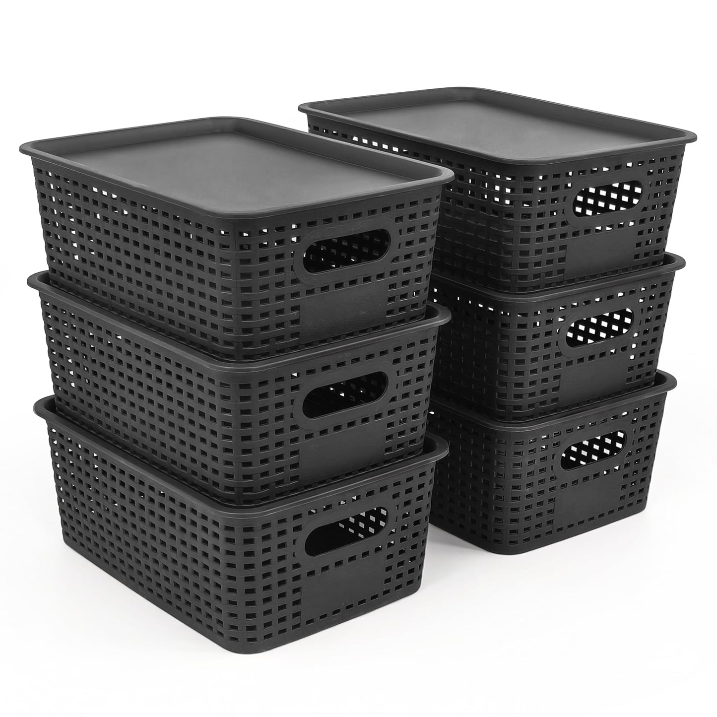 LYLIDIA 6 gab. uzglabāšanas kastes ar vāku, mazi melni grozi rattan dizainā, saliekamas PP plastmasas kastes, organizatora groziņi, 26x18x10 cm (melns vāks)