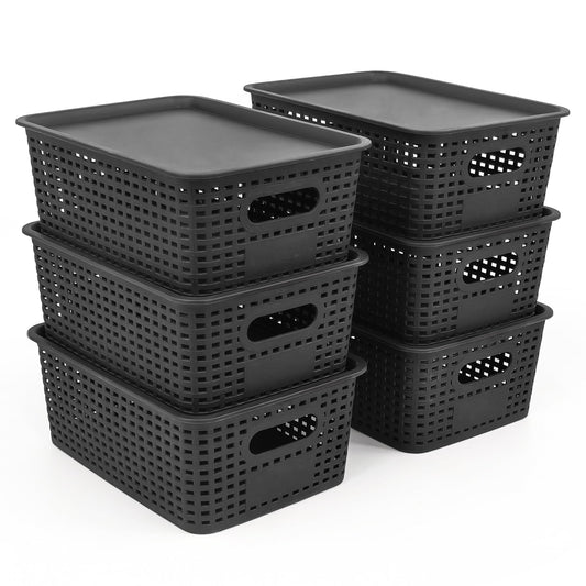 LYLIDIA 6 gab. uzglabāšanas kastes ar vāku, mazi melni grozi rattan dizainā, saliekamas PP plastmasas kastes, organizatora groziņi, 26x18x10 cm (melns vāks)