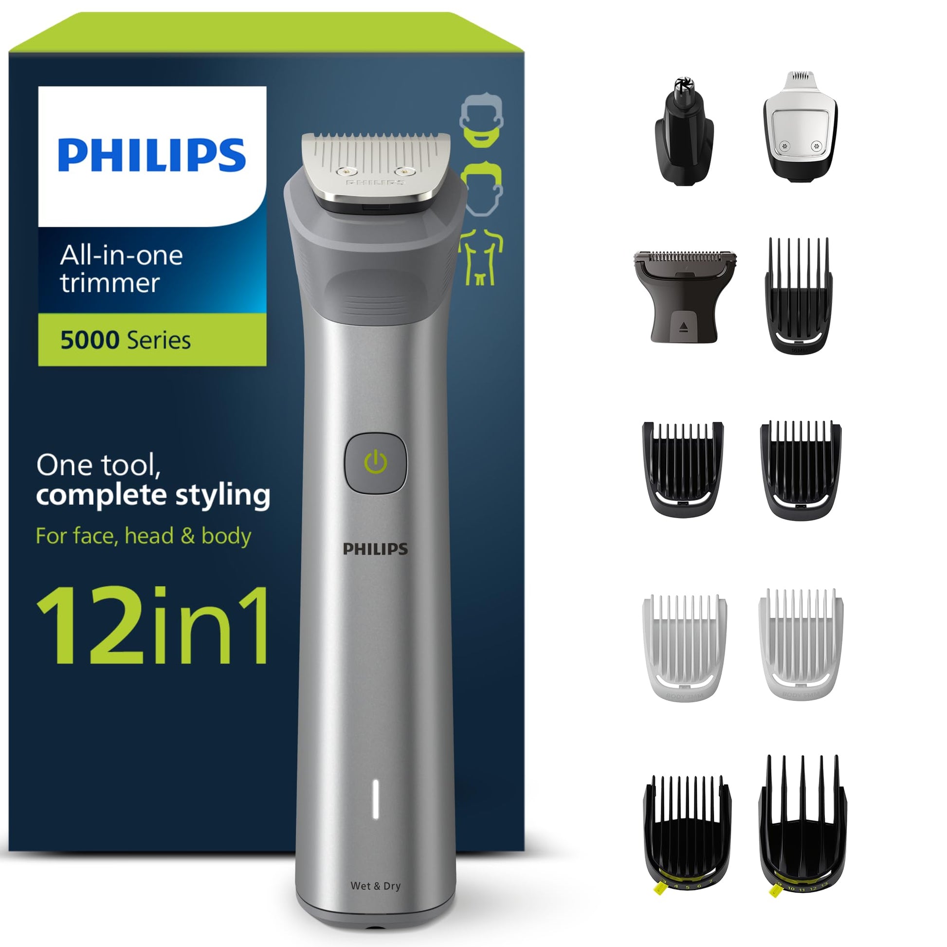 Philips Multigroom Series 5000, Viss vienā trimmeris, 12-in-1 bārdu trimmeris un matu griezējs sejai, galvai un ķermenim pilnīgai stilizēšanai, 14 garuma iestatījumi (0,5–16 mm) (modelis MG5950/15)