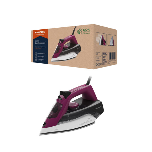 Grundig SI 6850 steam iron - ceramic soleplate, violet/grey/white design, efficient steam output for wrinkle removal.