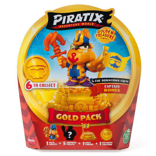 PIRATIX ADVENTURE WORLD Golden Treasure – Gold Pack with 5 surprises, exclusive treasure, flag, pedestal, 6 accessories, Captain Golden Ollie.