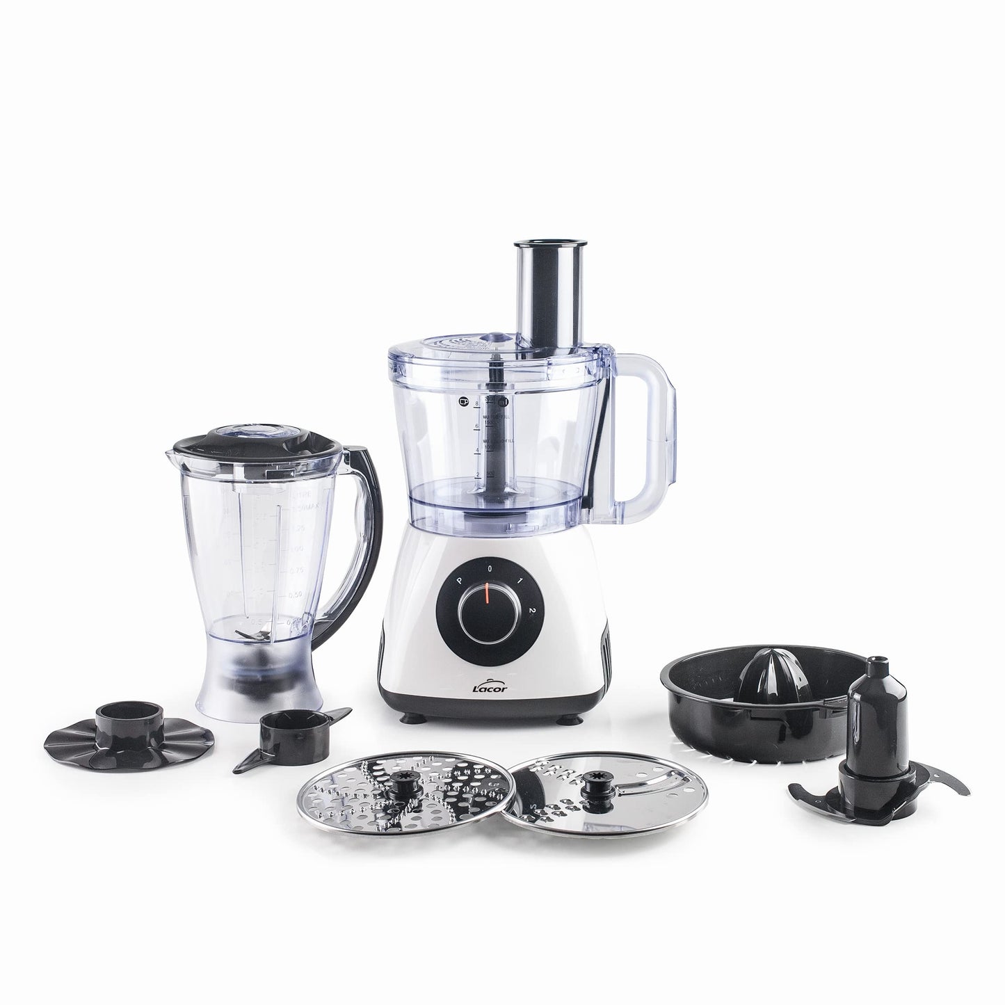 Lacor - 69579 - MultiGenius virtuves mašīna 100% BPA brīva, vairāki funkcijas, mainīgs ātrums, 8 augstas veiktspējas piederumi, drošības enkurs, mazgājama trauku mazgājamajā mašīnā, balta
