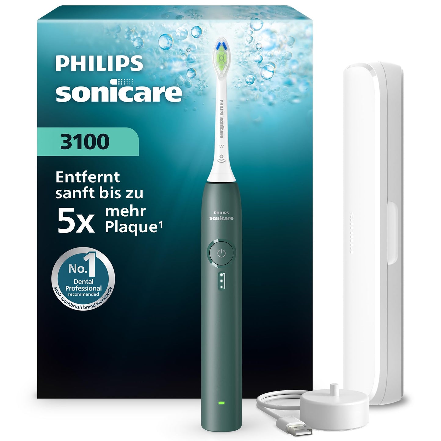 Elektriskā zobu birste Philips Sonicare Series 3100, skaņas zobu birste ar spiediena sensoru, 3 intensitātes līmeņi, EasyStart, SmarTimer, 14 dienas darbība, ceļojumu futrālis, tumši zaļa, HX4033/26, [Neu]