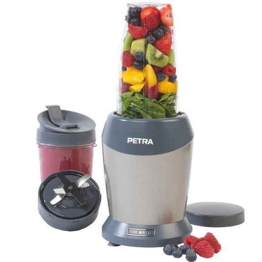 Petra NutriMax PT2002V4SILVER - 1000W smoothie-coffee maker, 2 blending jars, BPA-free, includes drinking lid and storage cap.