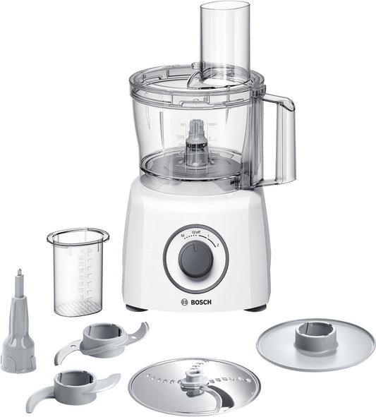 Bosch MultiTalent 3 MCM3100W - 20 functions, 2.3L bowl, universal knife, reversible grater, 800W, white kitchen machine.