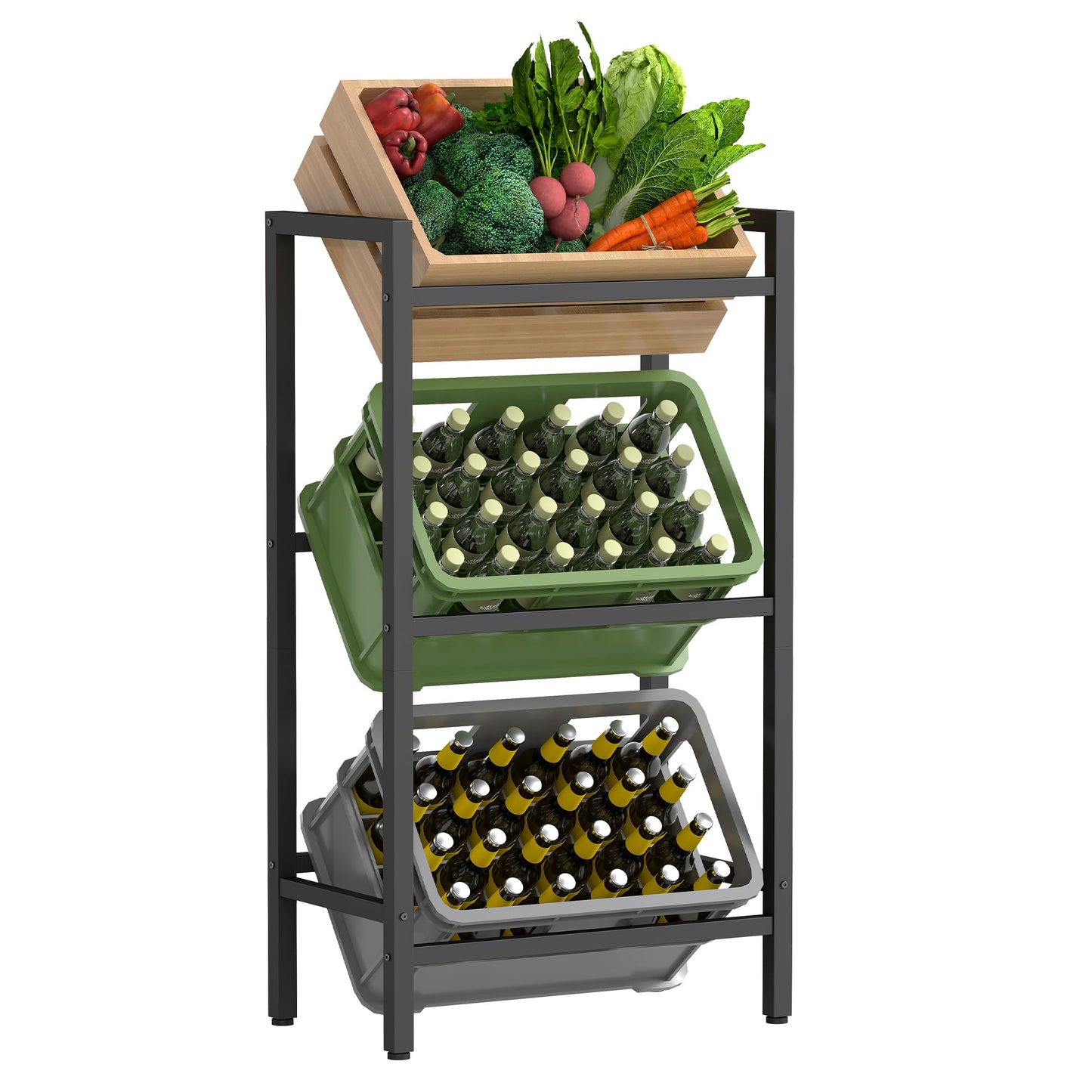 Uzglabāšanas plaukts dzērienu kastes, SONGMICS, 3 līmeņi, 3 kastēm, kravas kapacitāte līdz 150 kg uz līmeni, tērauds, dzērienu statīvs, virtuvei, viesistabai, garāžai, tintes melns BSC353B01