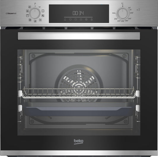 Iebūvējama cepeškrāsns Beko BBIS12301XE b300, 72 l, daudzfunkcionāla, 9 funkcijas, AeroPerfect karstā gaisa cirkulācija, SteamAdd tvaika funkcija, SteamShine tīrīšana, nerūsējošais tērauds