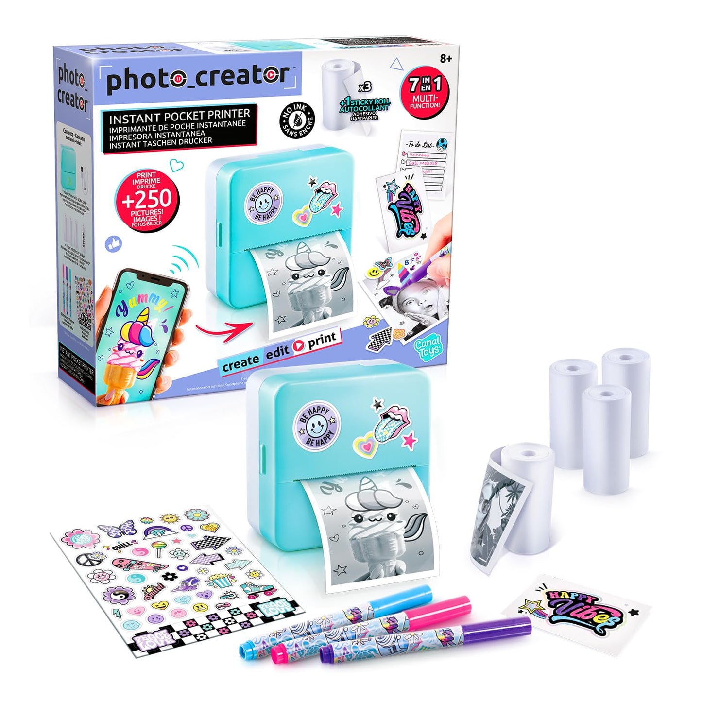 Canal Toys Photo Creator kabatas fotoprinteris, 7-in-1 ar lietotni, termodrukas printeris, 4 ruļļi, no tiem 1 pašlīmējošs, USB-C, BPA nesaturošs papīrs, vairāk nekā 250 attēli, radošs hobijs, CLK 017