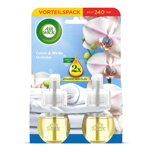 Air Wick aromāta spraudņa uzpilde Duo, Cotton un Baltā orhideja, svaigs telpas aromāts kontaktligzdai, 2x 19ml aromātiskās eļļas uzpildes flakoni