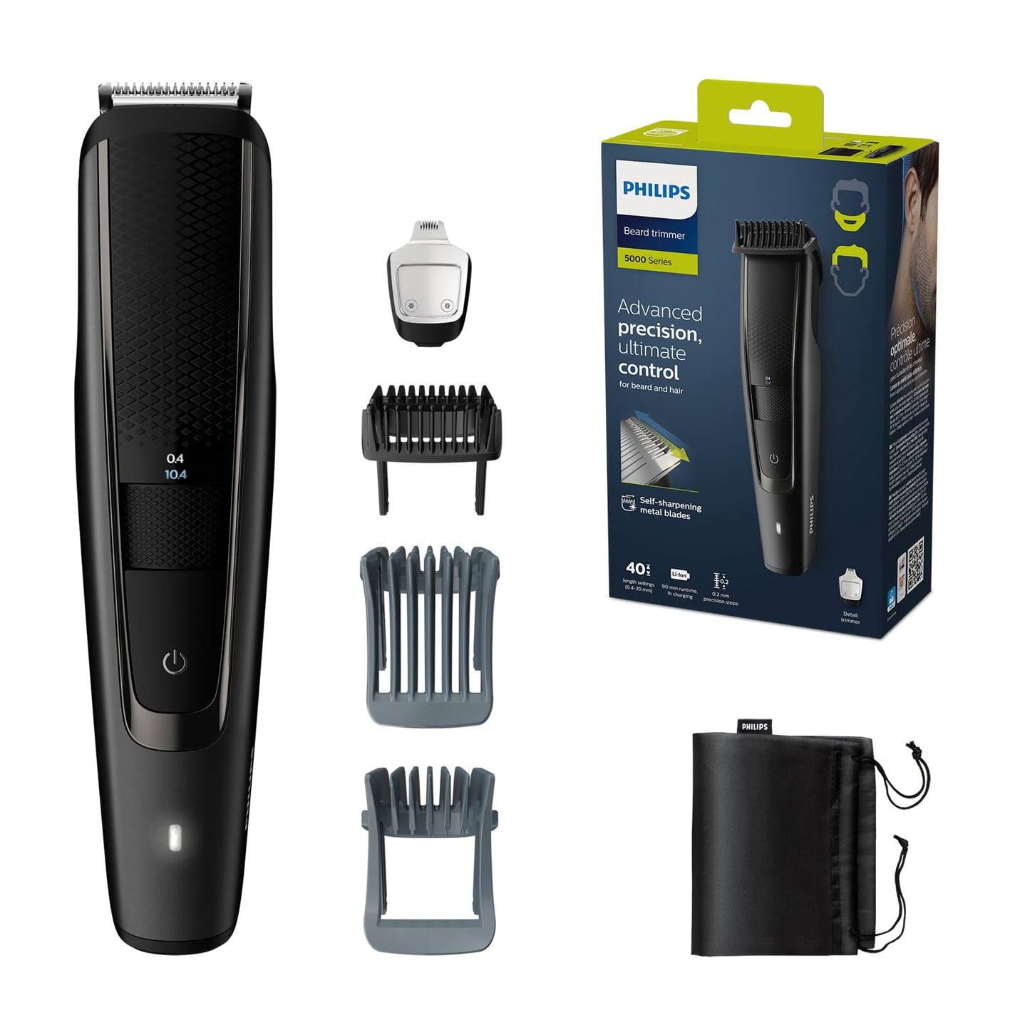 Philips Barttrimmer S5000 – Elektriskais bārdu griezējs vīriešiem, ķemmes uzgaļi, Lift and Trim Pro sistēma, 40 regulējami griešanas garumi, 90 minūšu akumulatora darbība un 1 stunda uzlādes laika (modelis BT5515/75)