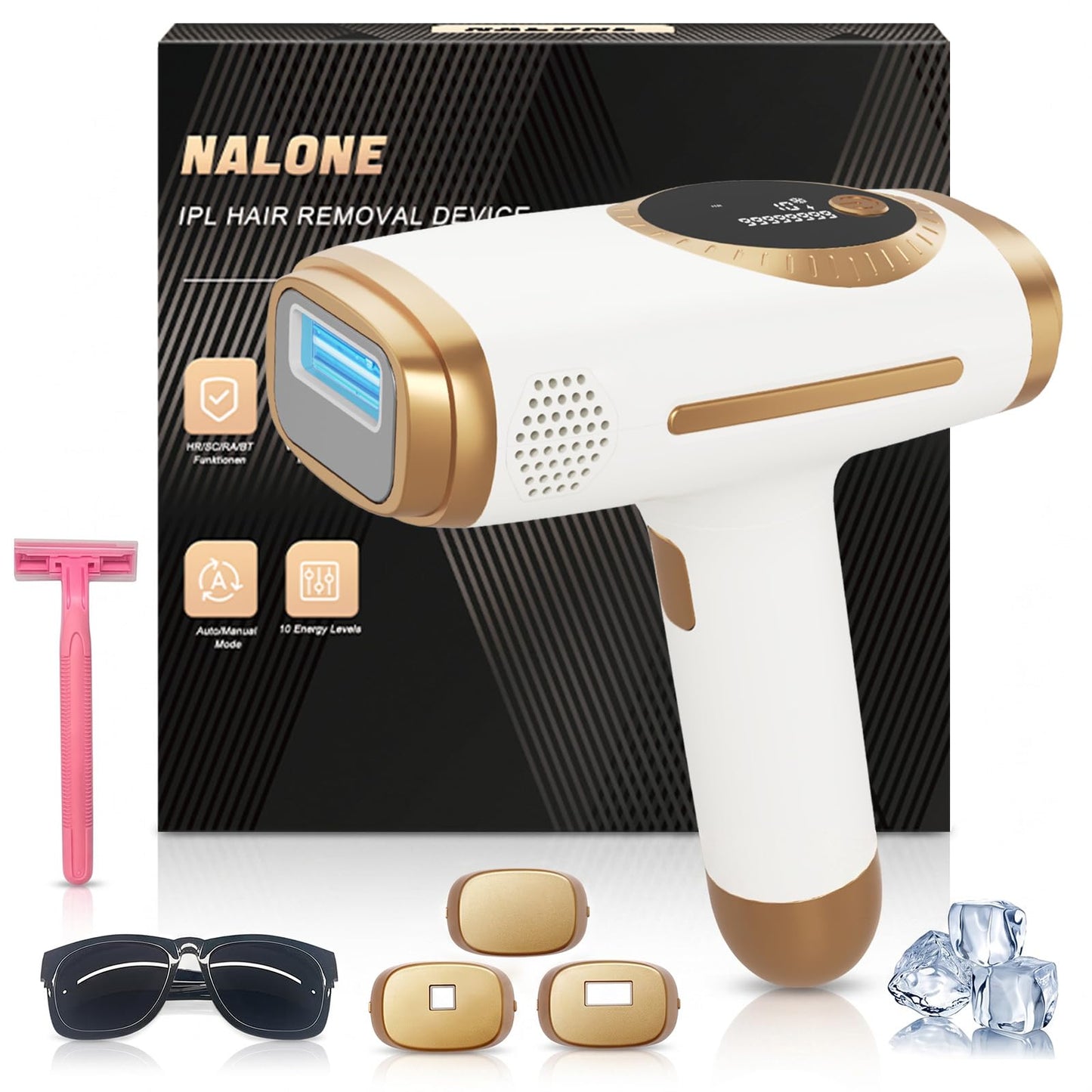 IPL matu noņemšanas ierīce 4-in-1 ar dzesēšanas funkciju, NALONE IPL epilators ar HR/SC/RA/BT, 10 līmeņi, 999.999 zibšņi, mājas lietošanai visam ķermenim, zelta