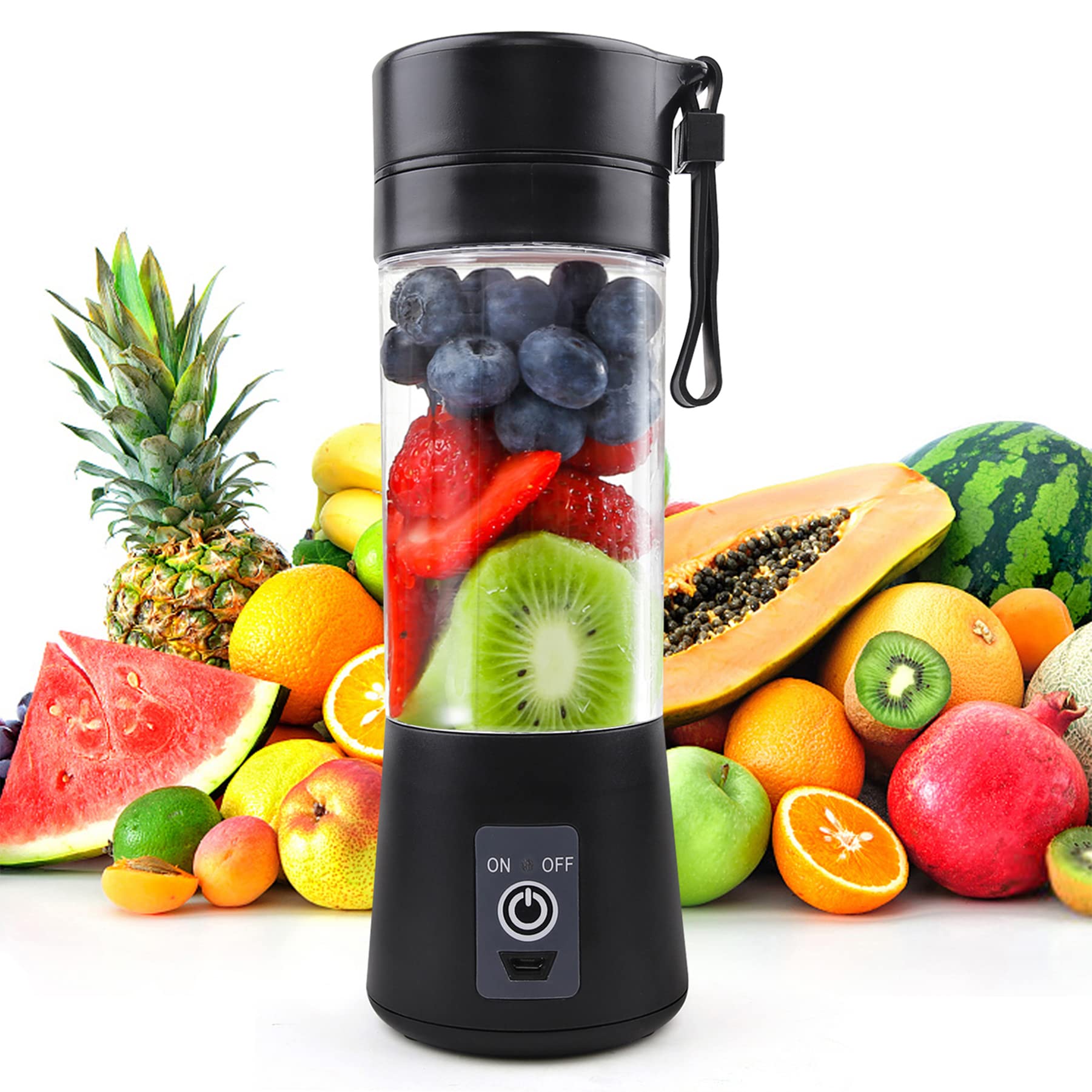Mikseris Smoothie Maker - 380ml, 6 nerūsējošā tērauda asmeņi, pārnēsājams, BPA brīvs, USB, melns, ideāls kokteiļiem un sulām.