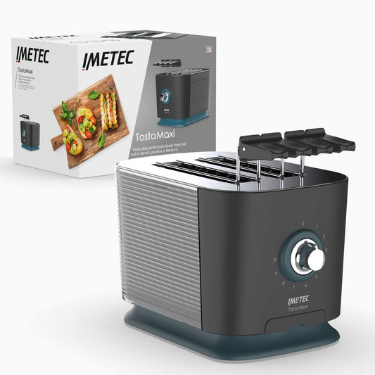 Imetec TostaMaxi tosteris, 2 papildu lielas atveres un atveramas knaibles ekstra bieza tosta pagatavošanai, 10 brūnināšanas līmeņi, taimeris ar automātisku izslēgšanos, drupatu atvilktne, 600 W.