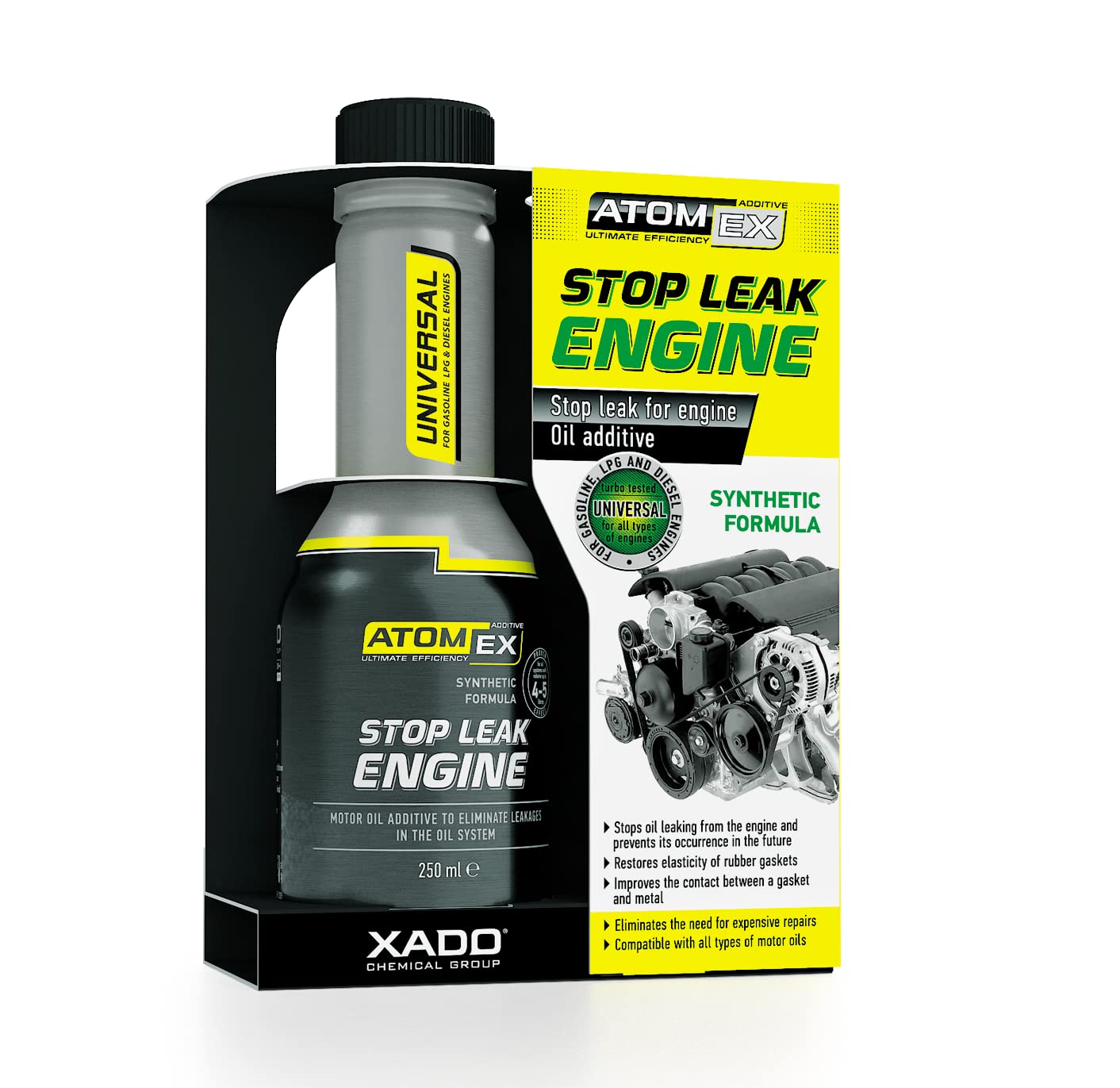 Motoreļļas piedeva XADO Motoröl Additiv Stop Leak Engine, eļļas noplūdes apturēšanai, motora blīvslēgu hermētiķis, 250 ml