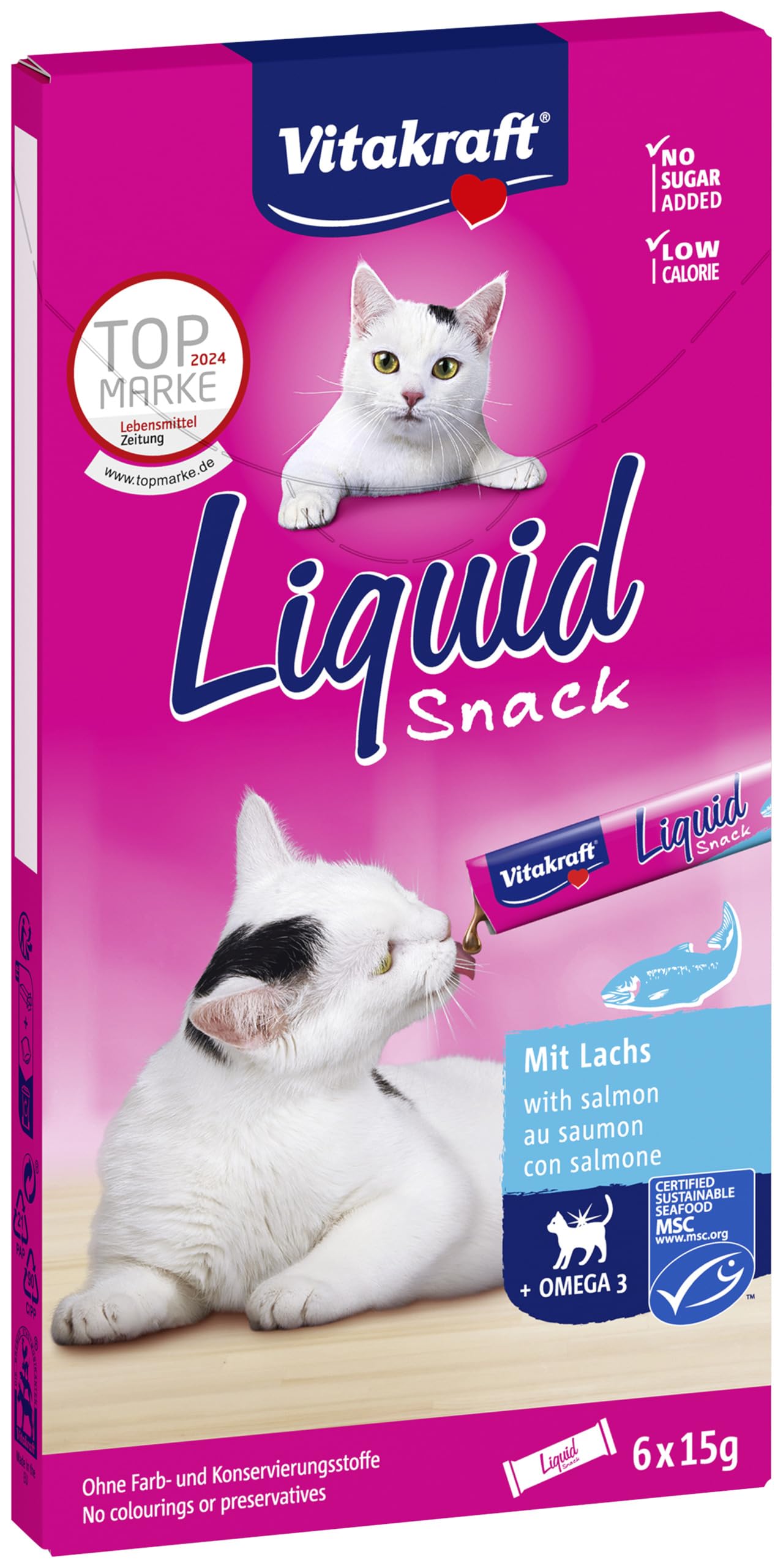 Vitakraft Liquid Snack kaķiem, krēmīga uzkoda ar lasi un Omega 3, 6 x 15g